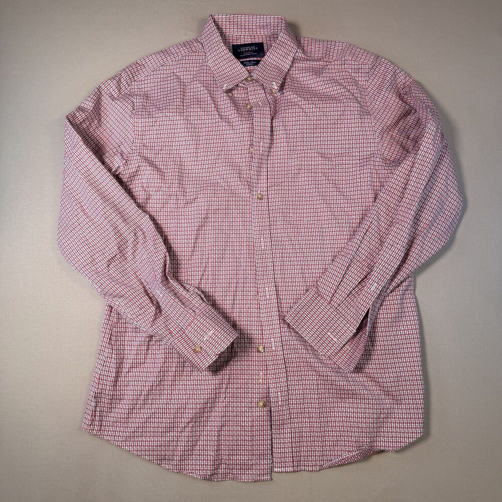 Charles Tyrwhitt Dress Shirt Mens Large Red Gingham Plaid Slim Fit Button Down